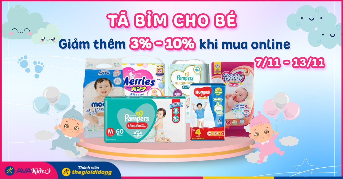 [07/11 - 13/11]Tã cho bé giảm thêm 3 - 10% khi mua online. Nhanh tay mua ngay các Mom nhé!