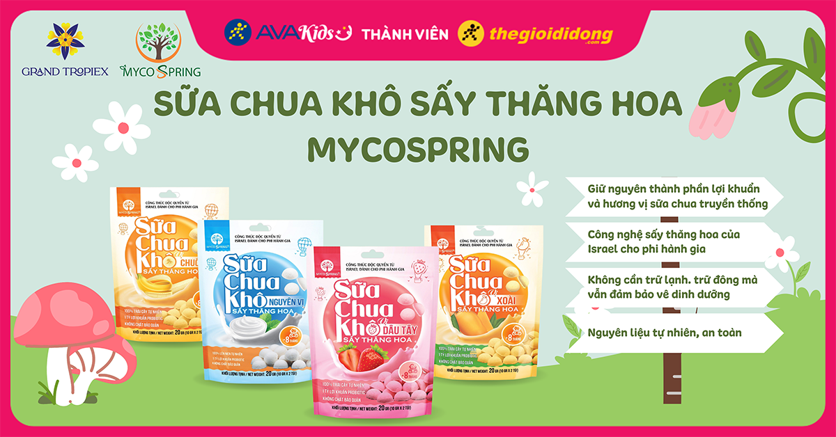 Sữa chua khô MycoSpring - Nguồn cung cấp lợi khuẩn sống cho bé từ 8 tháng tuổi đã có mặt tại AVAKids