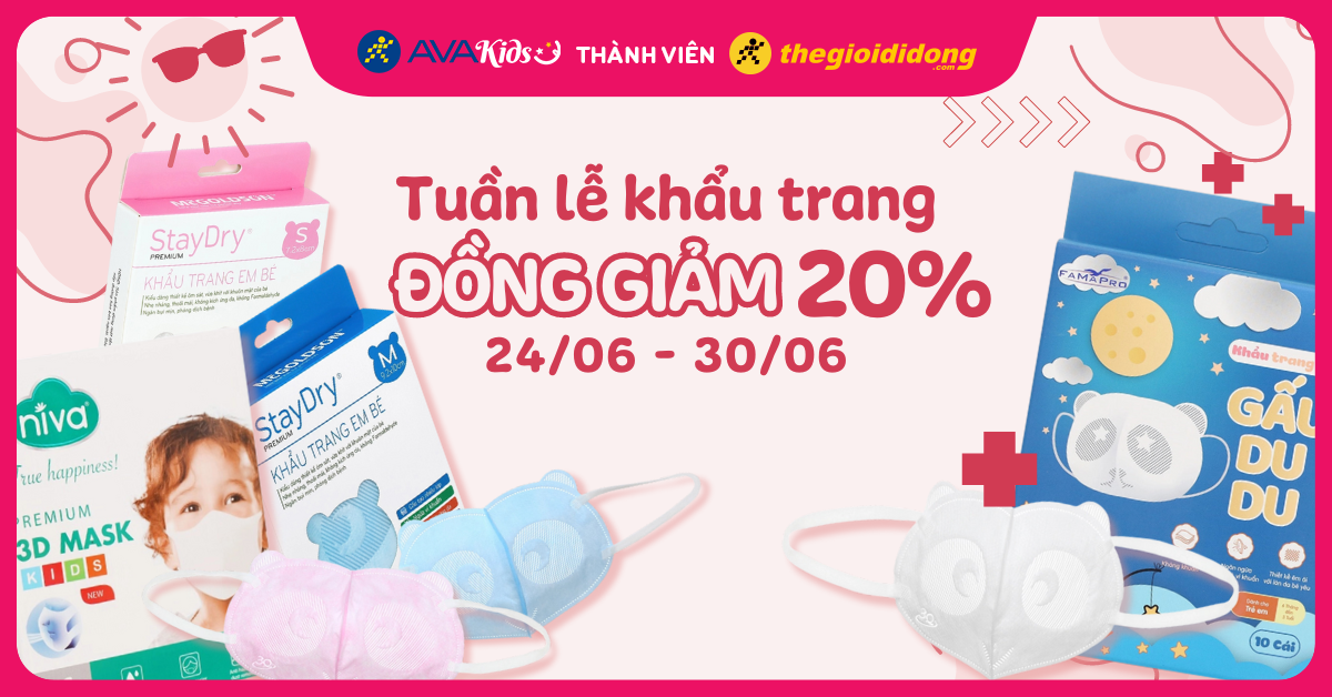 (24/06 - 30/06) Bảo vệ mùa hè: Tuần lễ khẩu trang đồng giảm 20%. Mẹ ơi mua ngay!