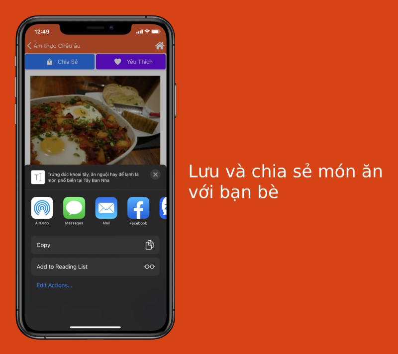 Ứng dụng Sách Nấu Ăn lưu và chia sẻ món ăn với bạn bè