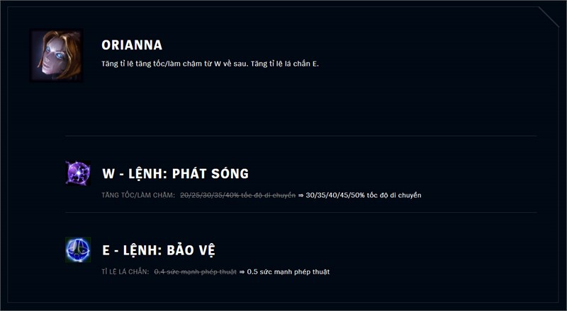Tăng tỉ lệ tăng tốc/làm chậm W và lá chắn E của Orianna
