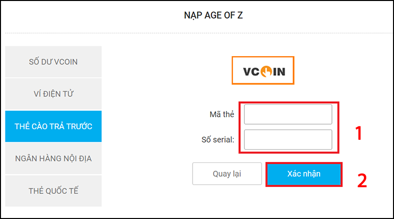 Thanh toán nạp thẻ qua thẻ cào Vcoin