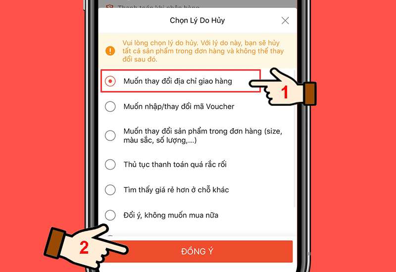 Chọn lý do hủy đơn và Xác nhận