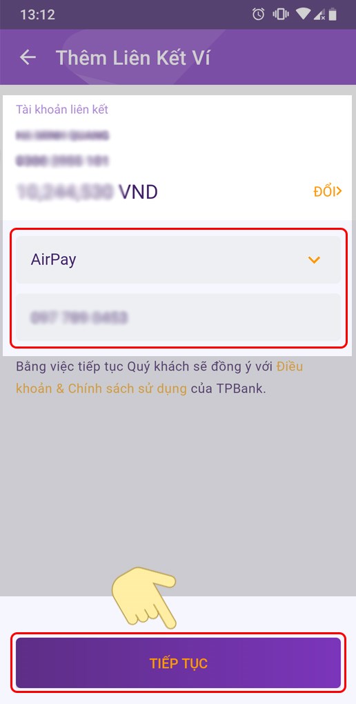 Chọn loại ví AirPay và nhập số điện thoại tương ứng