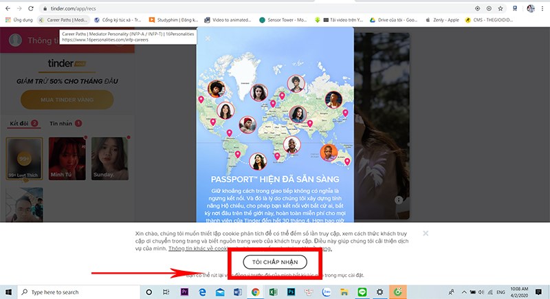 Nhấn T&ocirc;i đồng &yacute; v&agrave;o điều khoản của Tinder v&agrave; sử dụng Tinder 