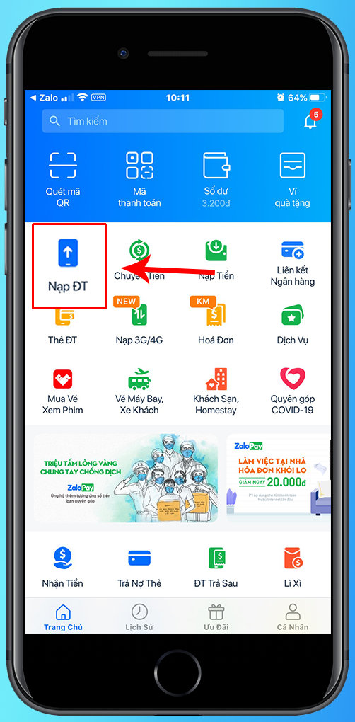 Đăng nhập vào Zalo Pay và vào mục nạp ĐT