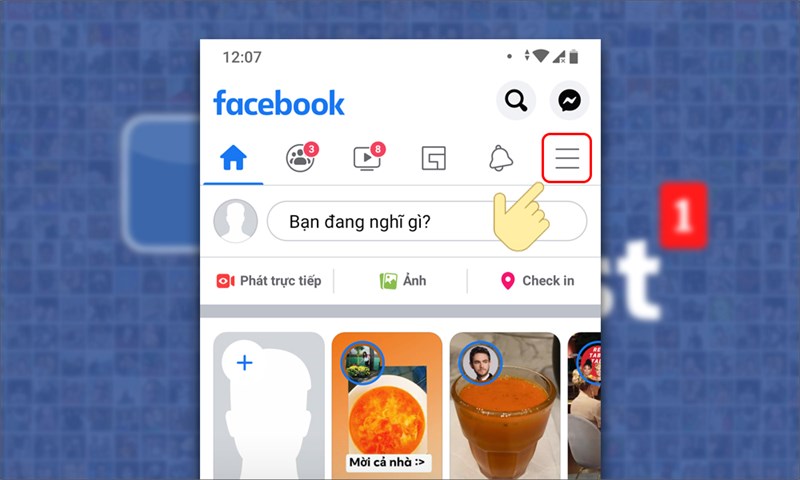 Bước 1: Các bạn truy cập vào Facebook, chọn biểu tượng ba gạch ngang bên phải.