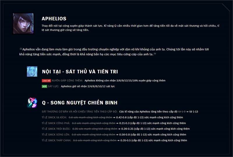 Loại bỏ xuyên giáp cộng thêm và giảm sát thương Q của Aphelios