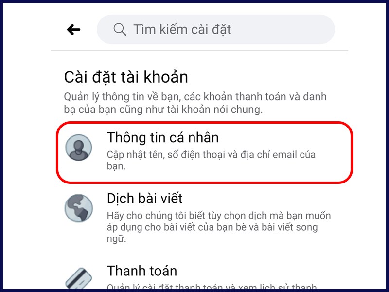 Vào cài đặt và chọn mục thông tin cá nhân