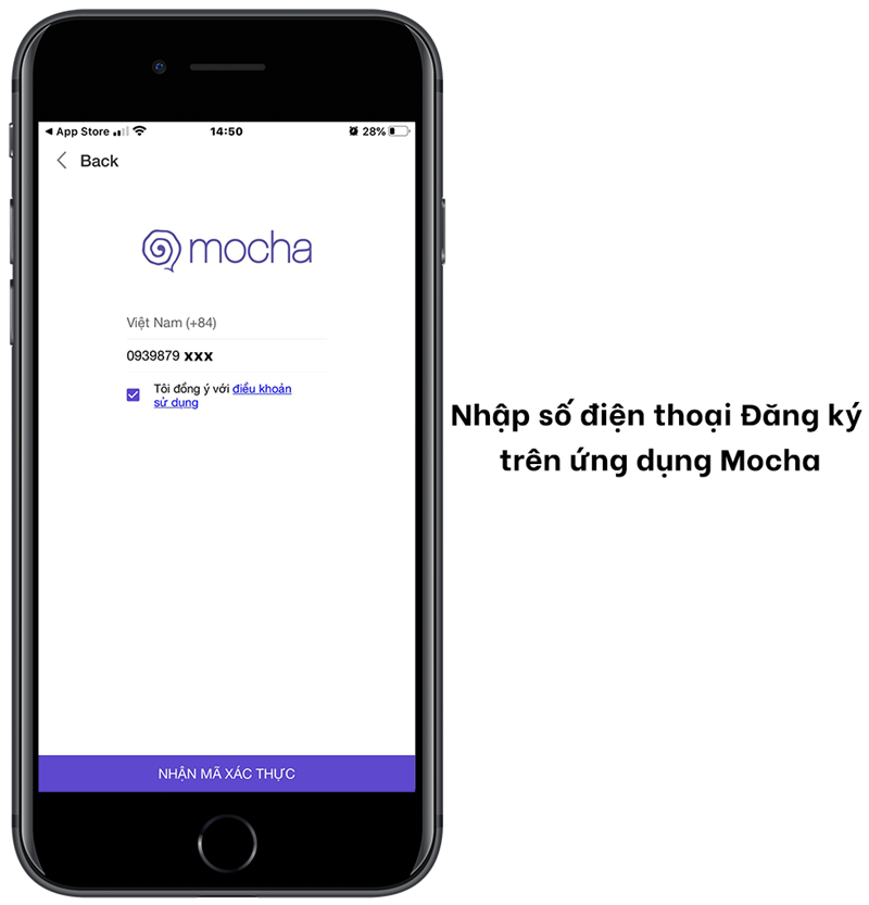 Nhập số điện thoại đăng ký trên ứng dụng Mocha
