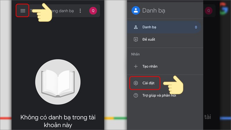 Vào trình Cài đặt của Danh bạ