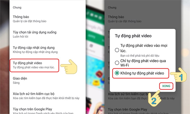 Chuyển sang Kh&ocirc;ng tự động ph&aacute;t video