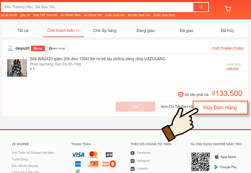 Nhấn vào Hủy đơn tại đơn muốn hủy