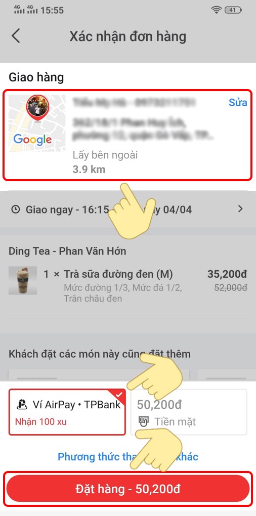 Nhập tên, số điện thoại và địa chỉ giao hàng. Sau đó, chọn hình thức thanh toán là Ví AirPay và nhấn Đặt hàng.