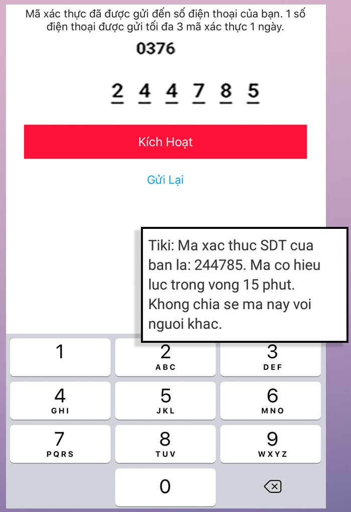 Nhập mã xác nhận được gửi về tin nhắn số điện thoại.