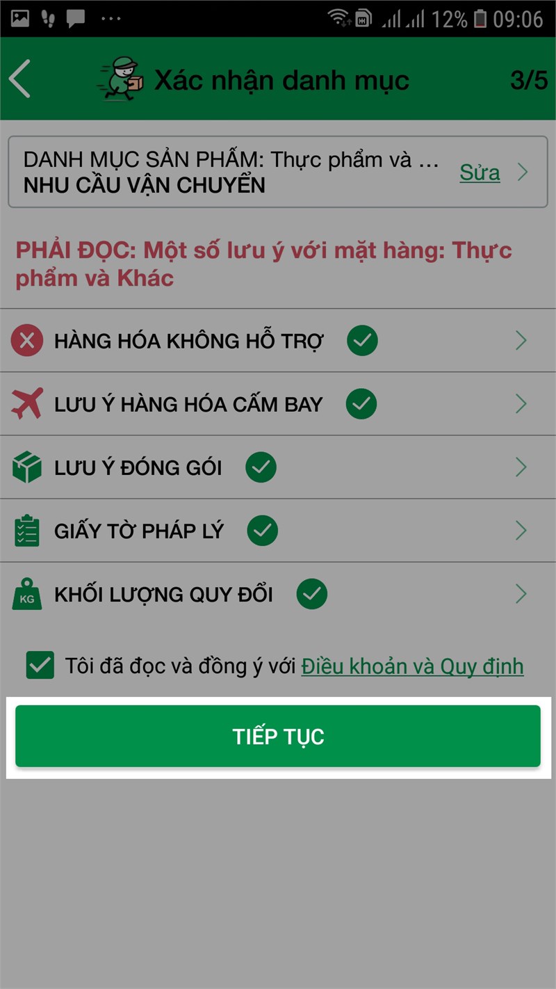 Xác nhận danh mục hàng hóa không hỗ trợ, lưu ý hàng hóa cấm bay, lưu ý đóng gói, giấy tờ pháp lý, khối lượng quy đổi 