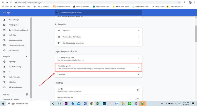 Chọn c&agrave;i đặt web