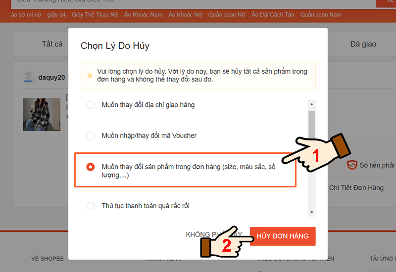 Chọn lý do muốn hủy
