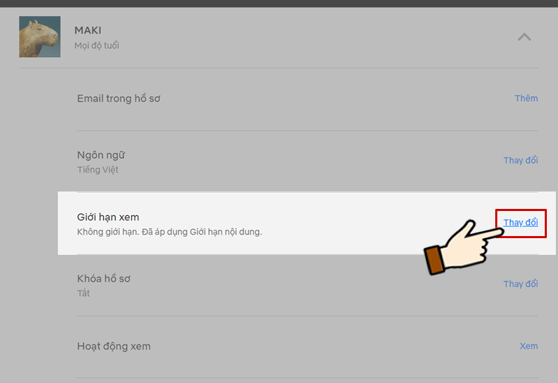 V&agrave;o Thay đổi ở mục Giới hạn xem