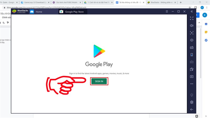 Sau khi mở BlueStacks sẽ hiện ra cửa sổ CH Play, bạn chọn Sign In để đăng nhập t&agrave;i khoản Gmail của bạn.