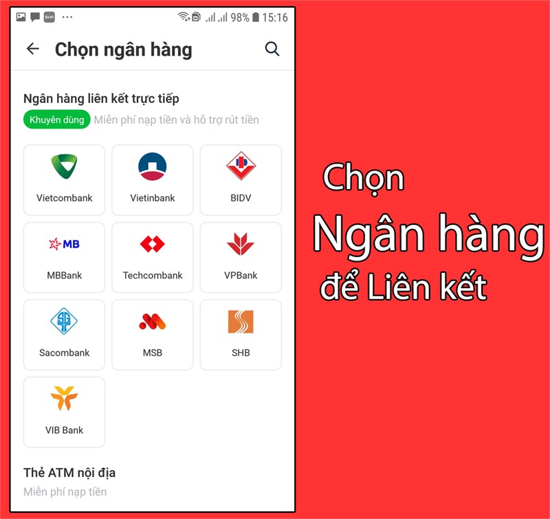 Chọn ngân hàng( nhấn liên kết)