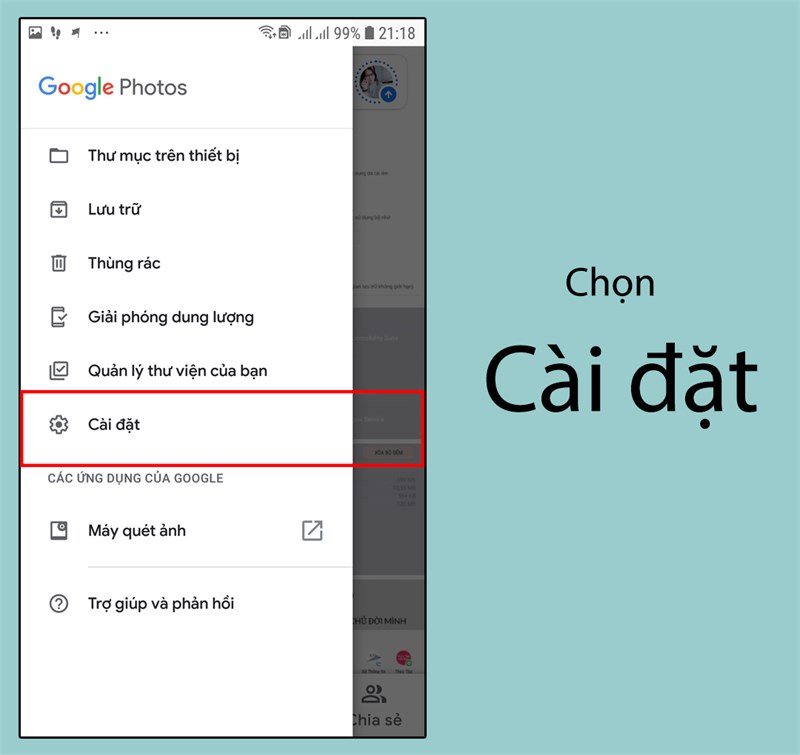 Nhấn v&agrave;o mục c&agrave;i đặt