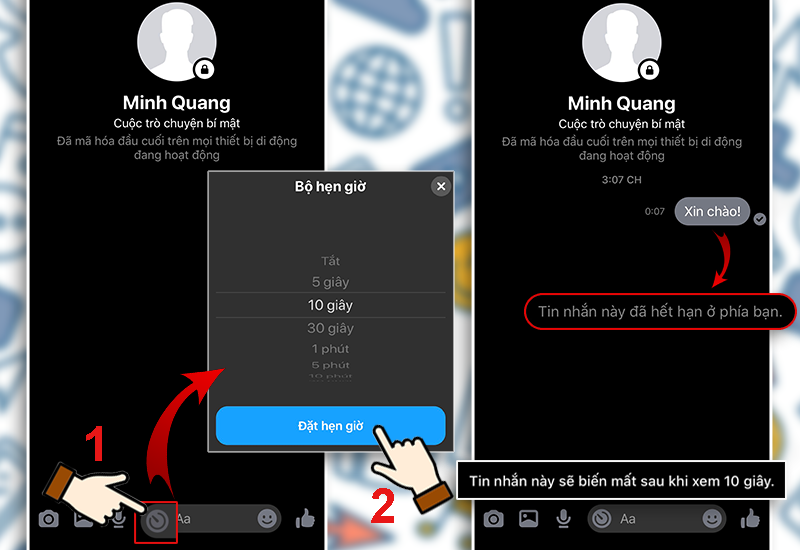 Chọn biểu tượng chiếc đồng hồ b&ecirc;n cạnh &ocirc; soạn thảo tin nhắn văn bản để thiết lập thời gian tin nhắn sẽ bị x&oacute;a bằng c&aacute;ch k&eacute;o l&ecirc;n hoặc k&eacute;o xuống để t&igrave;m mốc thời gian ph&ugrave; hợp
