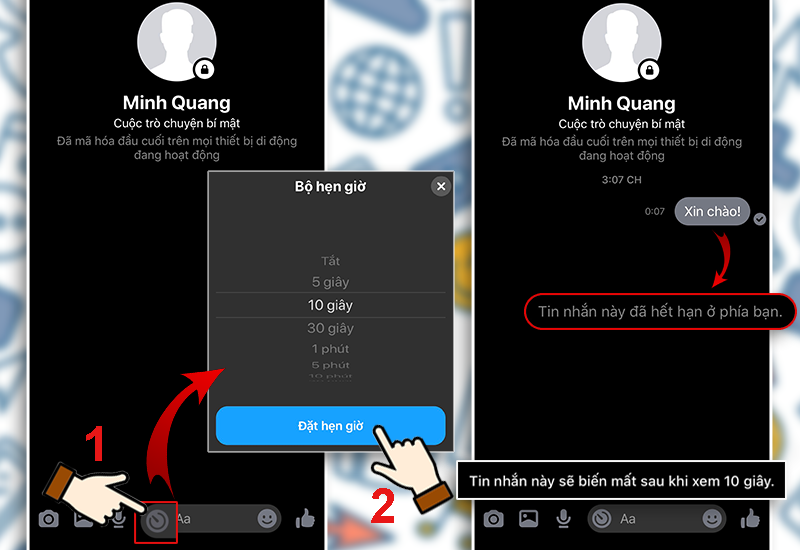 Chọn biểu tượng chiếc đồng hồ bên cạnh ô soạn thảo tin nhắn văn bản để thiết lập thời gian tin nhắn sẽ bị xóa bằng cách kéo lên hoặc kéo xuống để tìm mốc thời gian phù hợp