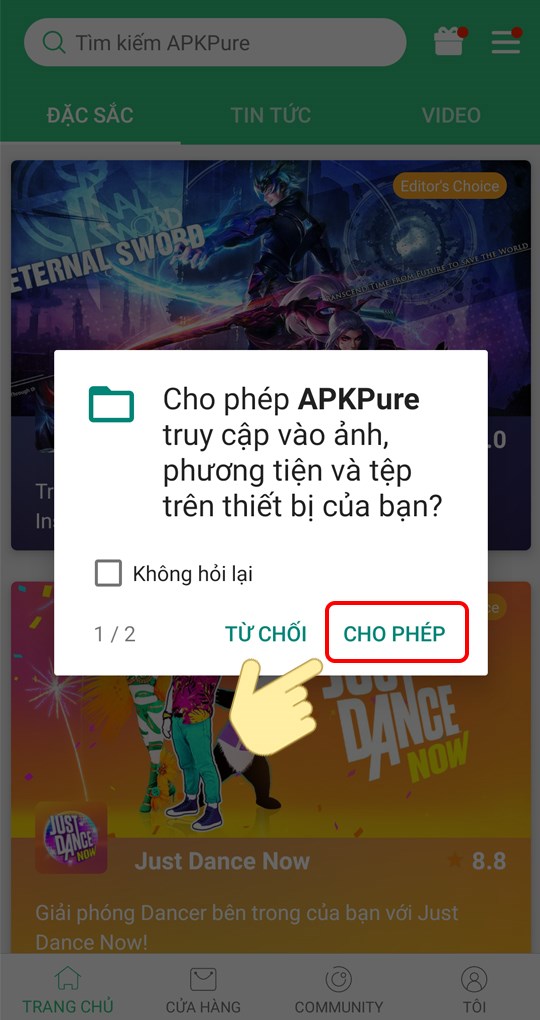 Mở APKPure v&agrave; cung cấp cho ứng dụng c&aacute;c quyền truy cập.