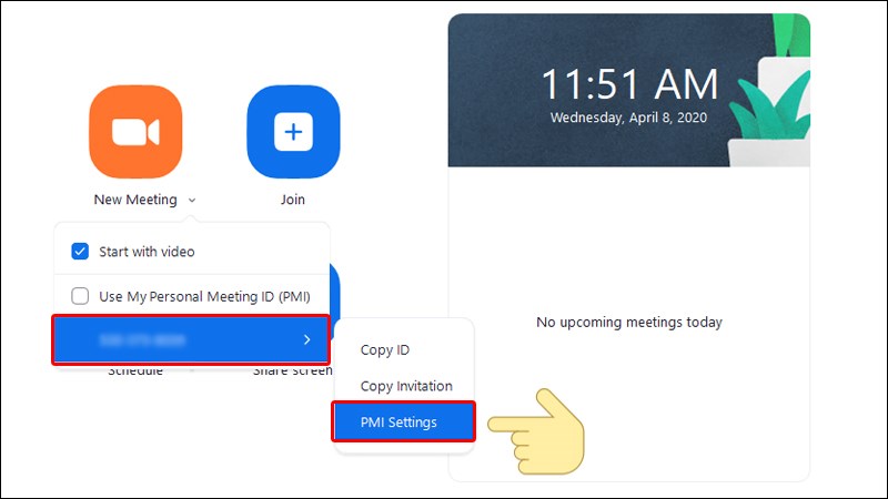 Trỏ vào ID Meeting và chọn PMI Settings