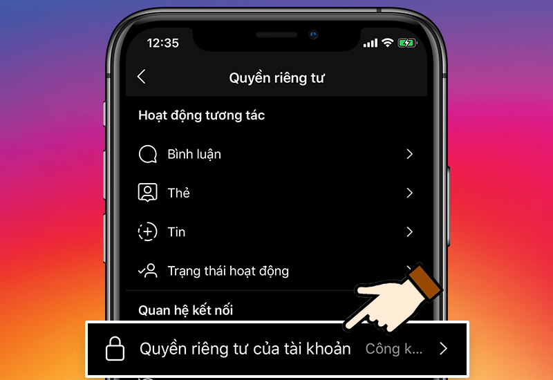 Chọn Quyền riêng tư của tài khoản