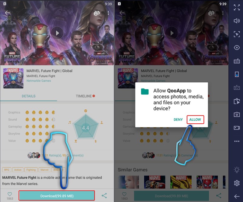 bấm vào download và allow để cấp quyền QooApp tải game.