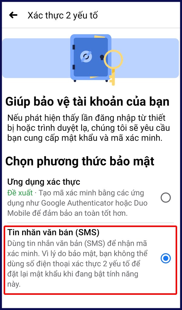 Tin nhắn văn bản xác thực 2 yếu tố Facebook