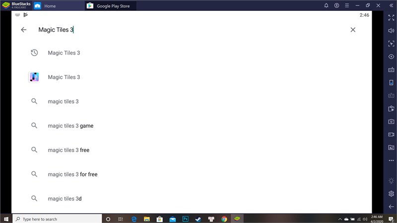 Sau khi đăng nhập thành công bạn có thể vào Google Play Store. Tại ô search bạn nhập Magic Tiles 3 và bấm Enter