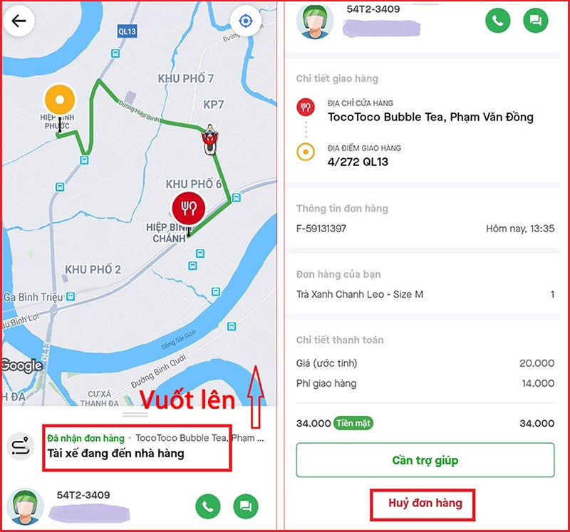 Nhấn chọn Hủy đơn hàng để thực hiện hủy đặt đồ ăn