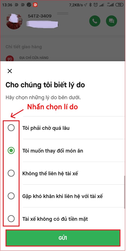 Nhấn chọn lí do và gửi để hoàn tất việc hủy đơn hàng