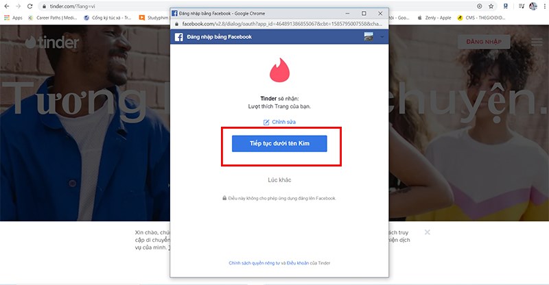V&agrave;o trang Tinder > đăng nhập ( theo t&agrave;i khoản facebook, đăng k&yacute; bằng số điện thoại) 