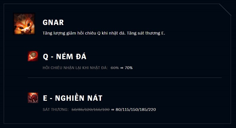 Tăng lượng giảm hồi chiêu Q khi nhặt đá. E sát thương tăng.