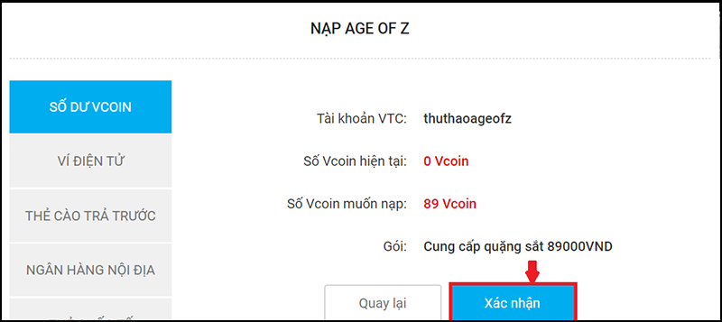 Thanh toán qua số dư Vcoin