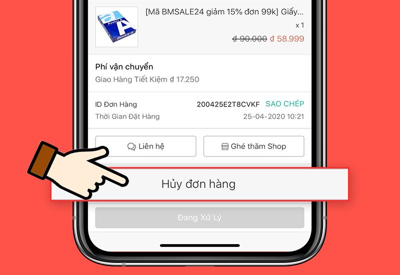 Kéo xuống dưới và chọn Hủy đơn hàng