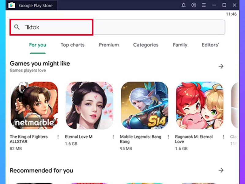 Bước 9: Sau khi đăng nhập thành công bạn có thể vào Google Play Store. Tại ô search bạn nhập Tiktok và bấm Enter.