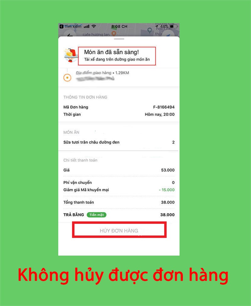 Đơn hàng đã được làm, không thể hủy