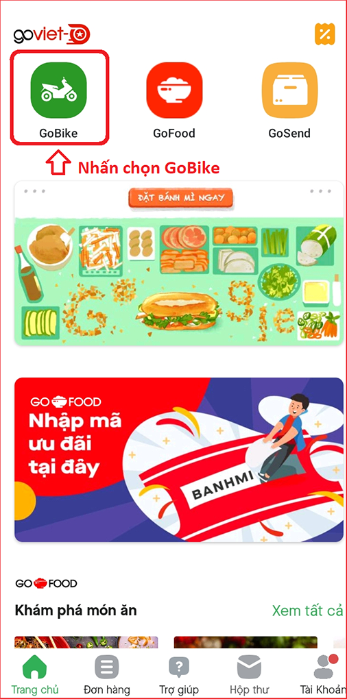Nhấn chọn GoBike để sử dụng dịch vụ đặt xe