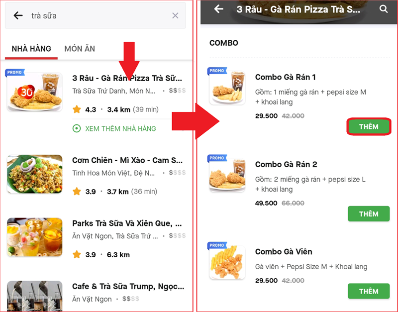 Chọn cửa h&agrave;ng muốn đặt m&oacute;n. Nhấn th&ecirc;m để chọn m&oacute;n