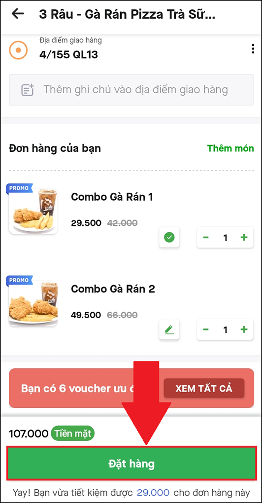 Nhấn Đặt h&agrave;ng