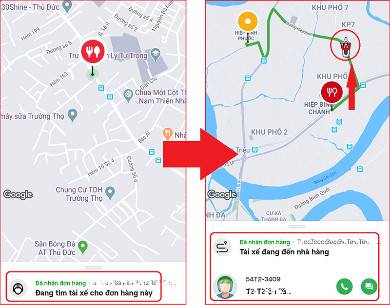 X&aacute;c nhận t&agrave;i xế nhận đơn. Đợi m&oacute;n