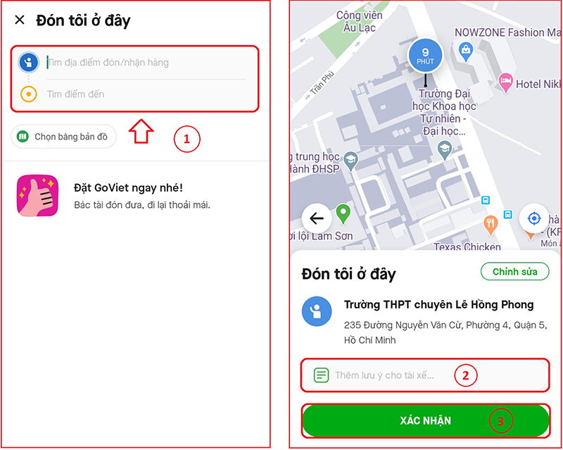 Nhập điểm đến, điểm đ&oacute;n tr&ecirc;n thanh c&ocirc;ng cụ