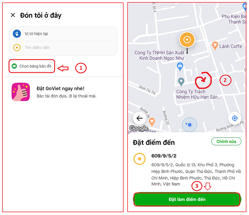 Nhập điểm đến, điểm đ&oacute;n bằng c&aacute;ch định vị thủ c&ocirc;ng tr&ecirc;n bản đồ