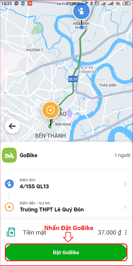 Nhấn Đặt GoBike để tiến h&agrave;nh đặt xe