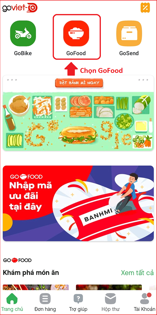 Nhấn chọn GoFood để sử dụng dịch vụ đặt m&oacute;n